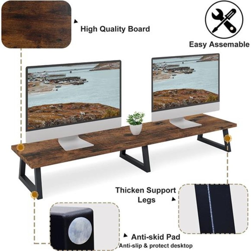 42 inch Large Dual Monitor Riser, Rustic Brow Wood & Steel Desktop Riser - Picture 3 of 6